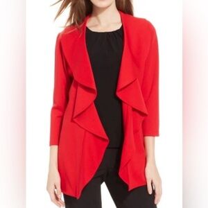 Calvin Klein red ponte ruffl frnt lined 3/4 slv blzr WM 8 party holiday